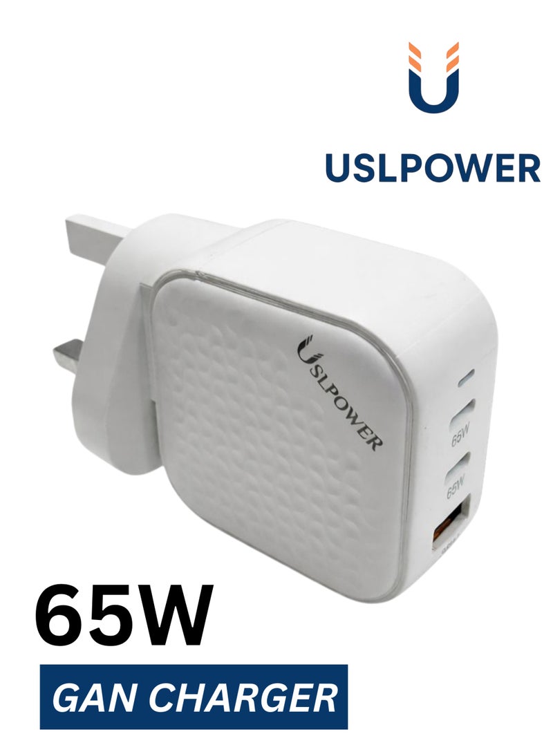 USLPOWER Power Adaptor 65W GaN Fast Charger PD, USB-C x2 + USB-A 3-Port Wall Adapter, Super Fast Charging, UK Plug, Compatible with Smartphones, Tablets & Laptops - Image 1